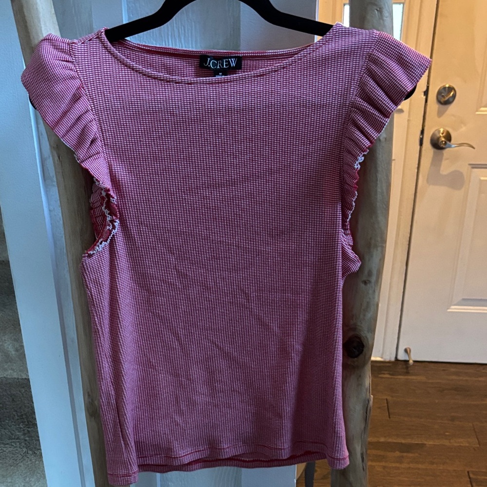 J. Crew Red Boatneck Textured Ruffle Top